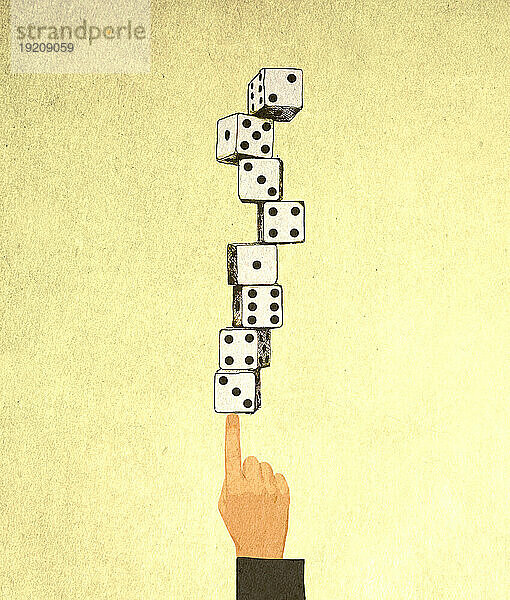 Illustration of index finger balancing row of dice