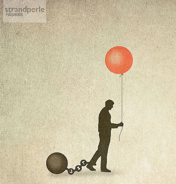 Silhouette eines Mannes  der von einer Kugel und einer Kette gefesselt wird und einen Ballon hält  der Hoffnung symbolisiert