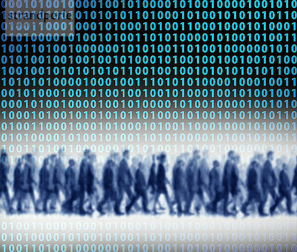Illustration of crowd of people walking against floating binary code