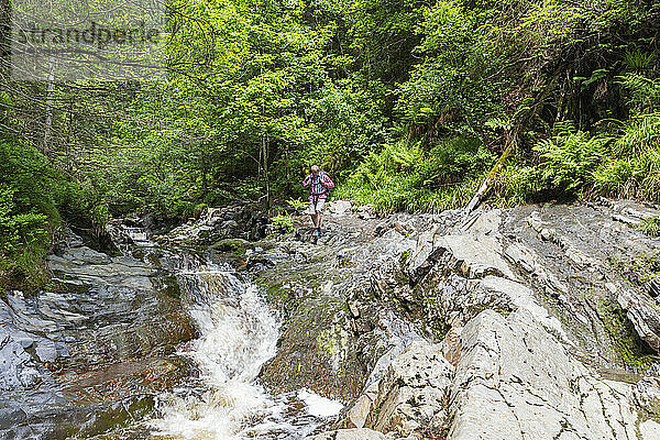 Älterer Mann wandert auf Felsen in der Nähe eines Flusses im Wald