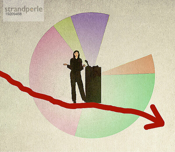 Illustration of female speaker standing on red arrow descending against pie chart