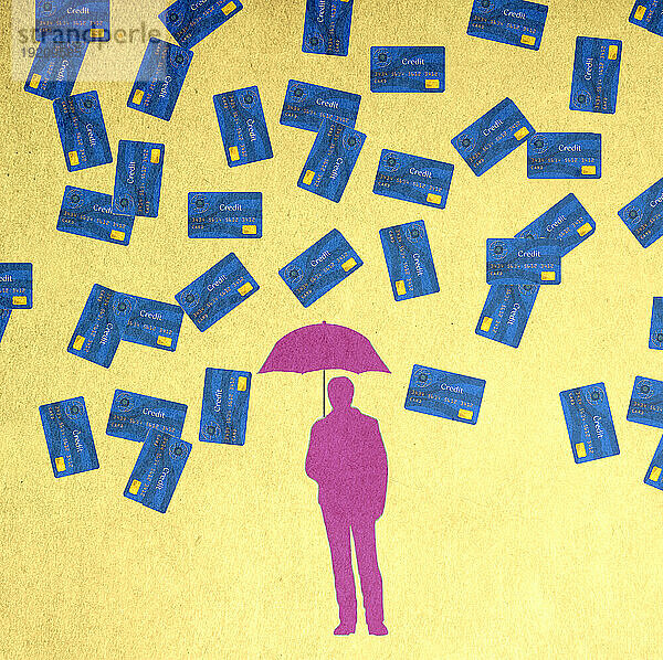Illustration eines Mannes mit Regenschirm  der unter fallenden Kreditkarten steht