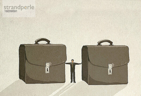 Illustration eines Geschäftsmannes  der zwischen zwei übergroßen Aktentaschen steht und den Arbeitsaufwand symbolisiert
