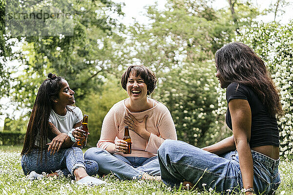 Fröhliche Freunde  die im Park lachen und Bier trinken