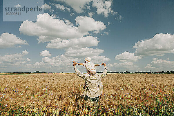 Vater trägt Sohn auf Schultern im Weizenfeld