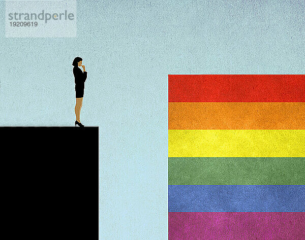 Illustration einer Frau  die am Rand einer steilen Klippe steht und auf die Regenbogenfahne auf der gegenüberliegenden Seite blickt