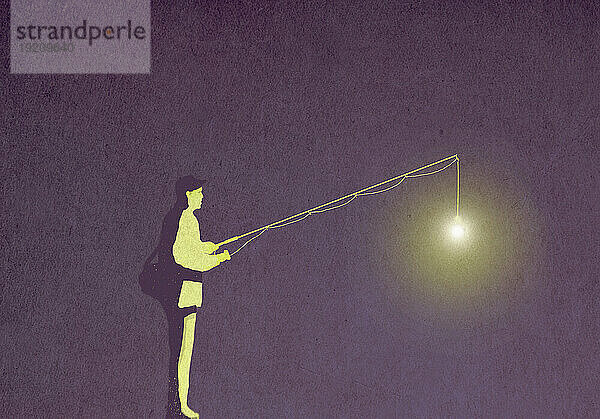 Illustration eines Mannes  der mit leuchtender Glühbirne online fischt