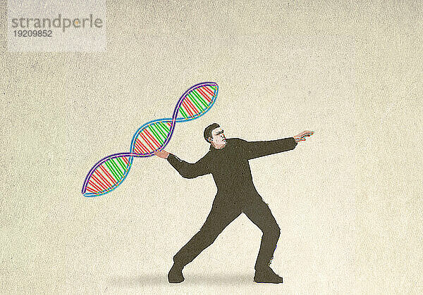 Illustration eines Mannes  der ein DNA-Modell wirft  das die genetische Forschung symbolisiert