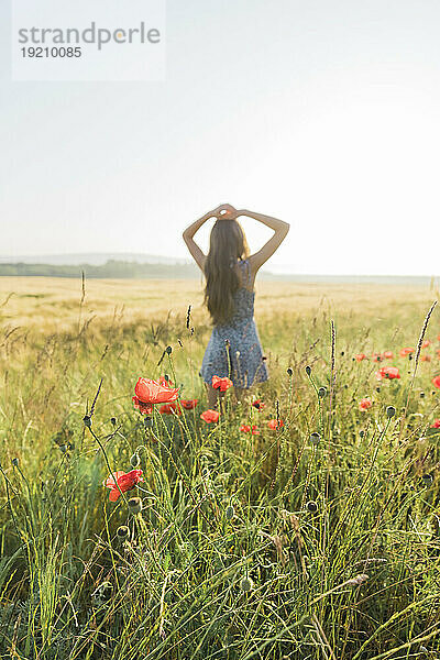 Mädchen mit den Händen im Haar steht inmitten von Mohnpflanzen im Feld