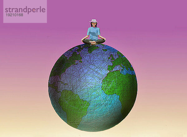 Illustration einer Frau  die auf dem Gipfel der Welt meditiert