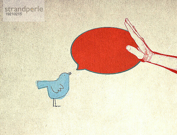 Illustration einer Hand  die die Sprechblase eines blauen Vogels blockiert  der soziale Medien symbolisiert