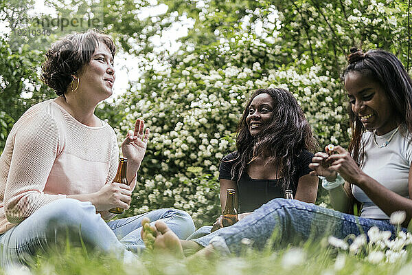 Lächelnde Frauen reden und trinken Bier im Park