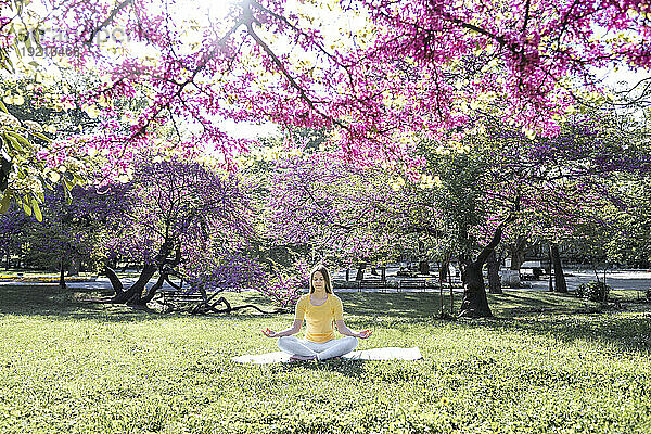 Teenager-Mädchen meditiert im blühenden Park
