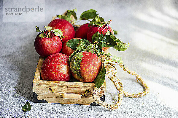 Holzkiste mit roten Äpfeln auf Betontisch