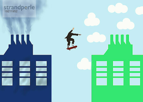 Businessman performing skateboard jump from smoke producing factory towards green sustainable one
