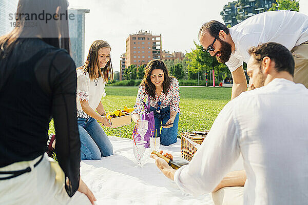 Fröhliche Freunde genießen gemeinsam ein Picknick an einem sonnigen Tag
