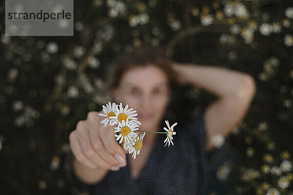 Woman holding bunch of daisies