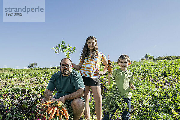 Vater und Kinder mit Karotten im Feld an einem sonnigen Tag