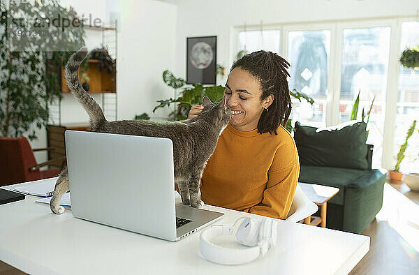 Lächelnder Freiberufler mit Laptop und Katze am Schreibtisch im Heimbüro