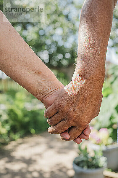 Elderly man holding hand of senior woman
