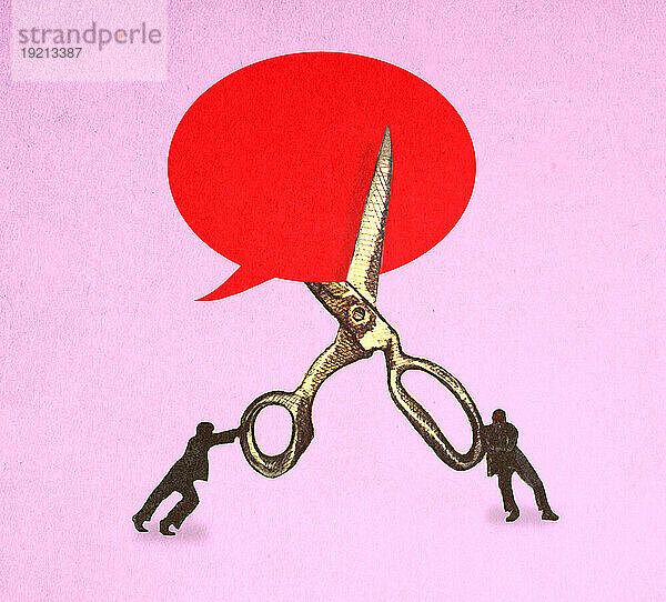 Illustration of two men cutting blank speech bubble with oversized scissors