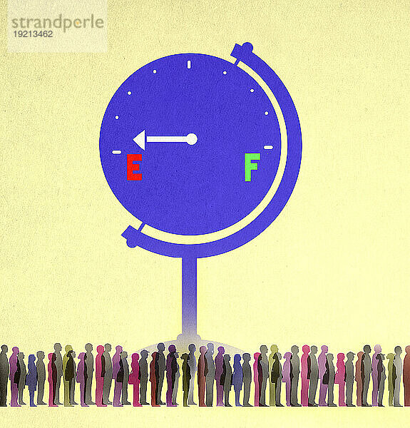 Illustration of crowd of people waiting in line under oversized fuel gauge
