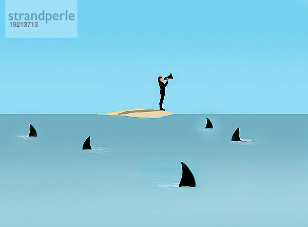 Illustration of castaway shouting through megaphone on desert island surrounded by sharks