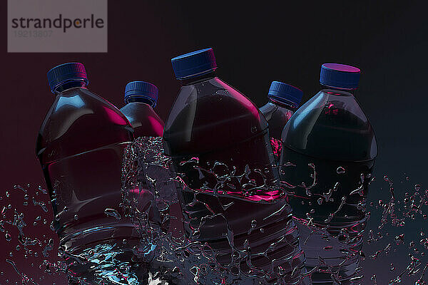 3D-Darstellung von Wasser  das um Plastikflaschen wirbelt