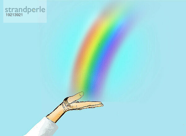 Illustration einer Hand  die einen Regenbogen hält