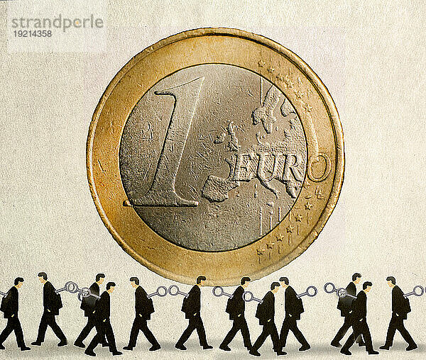 Illustration of men with wind-up keys walking in front of oversized Euro coin