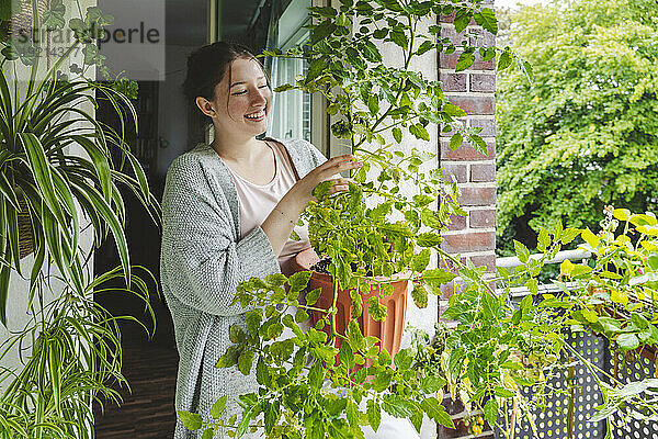 Glückliches Teenager-Mädchen mit Tomatenpflanze im Topf auf dem Balkon