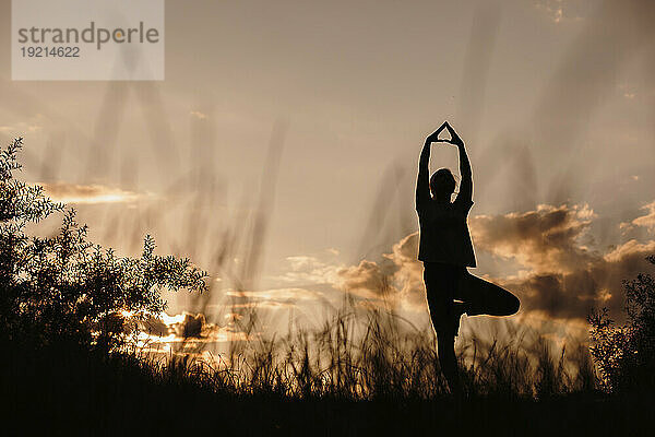 Silhouette einer Frau  die bei Sonnenuntergang Baumpose-Yoga praktiziert