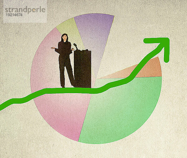 Illustration of female speaker standing on green arrow ascending against pie chart