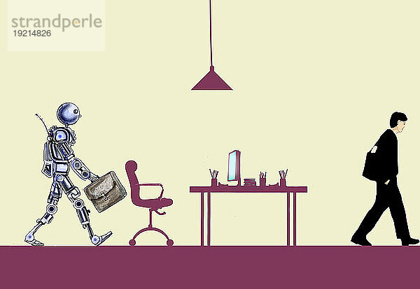 Illustration eines Roboters  der einen Büroangestellten ersetzt