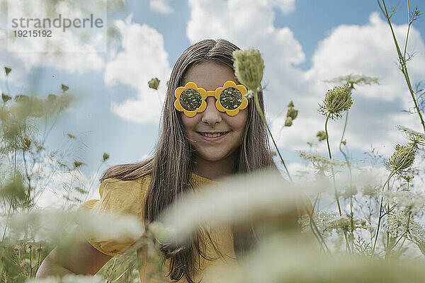 Lächelndes Mädchen mit Sonnenbrille im Feld