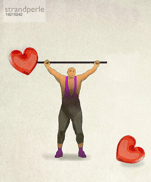 Illustration of strongman holding barbell with heart shaped weights with one end broken off