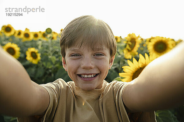 Fröhlicher Junge  der ein Selfie im Sonnenblumenfeld macht