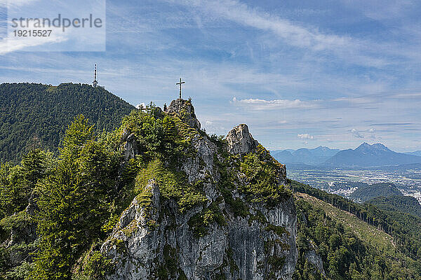 Austria  Salzburger Land  Drone view of Nockstein summit cross in summer