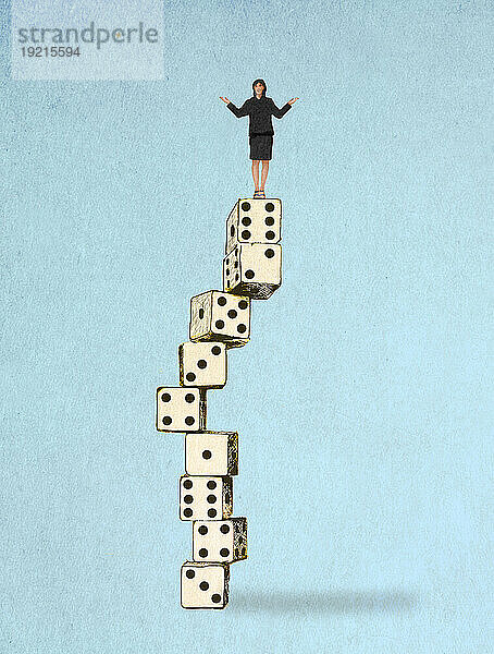 Illustration of woman balancing on top of stack of oversized dice