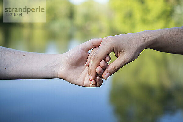 Friends holding hands near lake