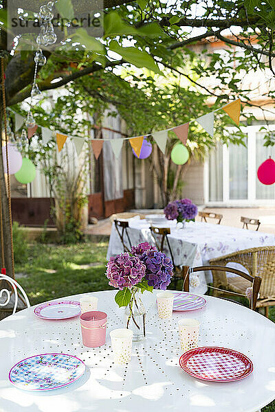 Tisch für Geburtstagsveranstaltung im Garten dekoriert