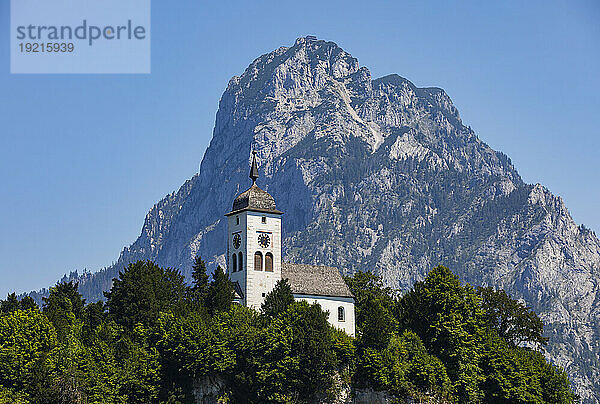 Austria  Upper Austria  Traunstein  Johannesbergkapelle with mountain in background