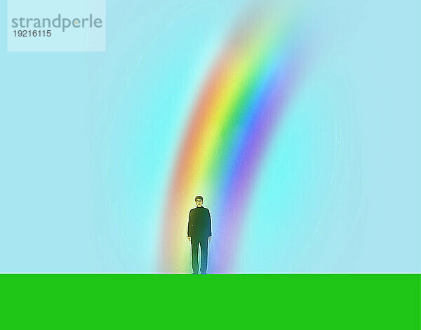 Illustration of man standing under rainbow