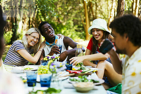 Fröhliche Freunde genießen Picknick im Garten
