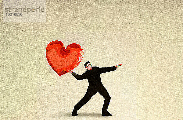 Illustration of man throwing oversized heart