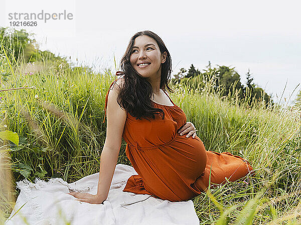 Happy pregnant woman sitting on blanket near grass