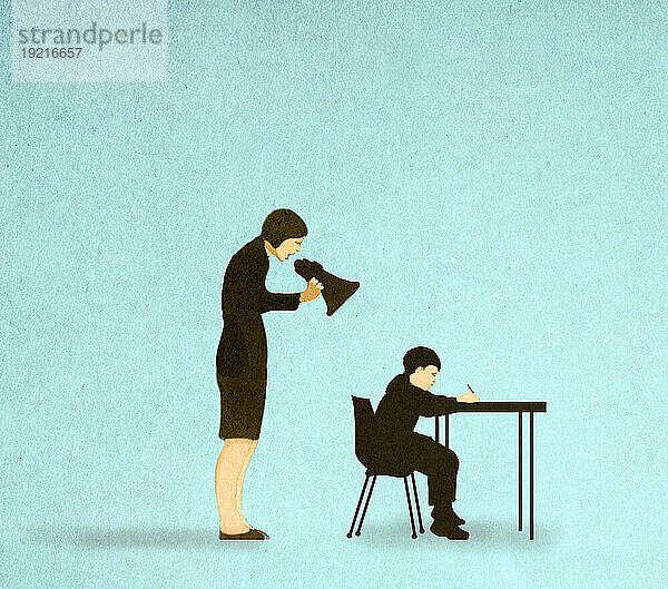 Illustration of woman shouting through megaphone on boy writing at desk