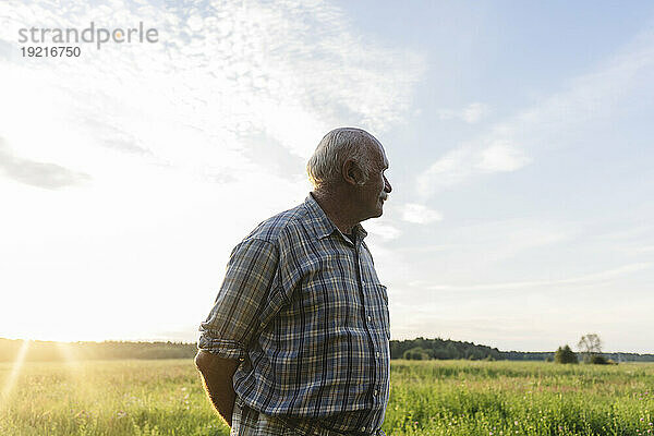 Älterer Mann steht bei Sonnenuntergang auf dem Feld