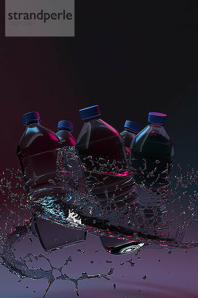 3D render of water swirling around floating bottles