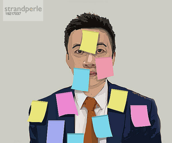 Illustration of man covered in blank adhesive notes